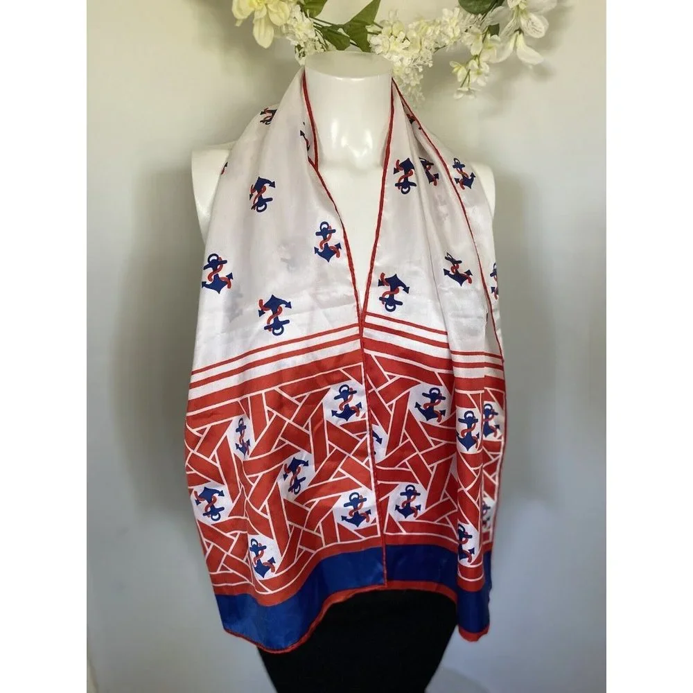 Vintage Nautical Americana Red White‎ Blue Scarf Anchors Silky Fabric 52
